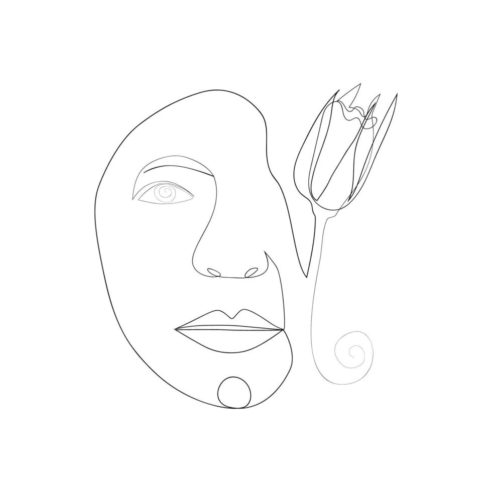 Woman face with flowers one line drawing. Half of the face is a flower. Continuous line drawing art. Nature cosmetics. vector