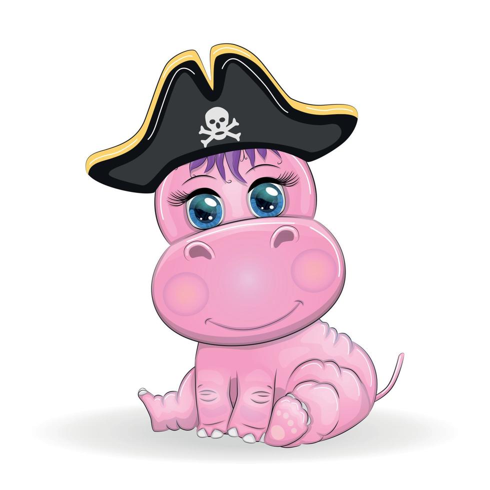 pirata hipopótamo, personaje de dibujos animados del juego, animal salvaje en un pañuelo y un sombrero de tres picos con una calavera, con un parche en el ojo. personaje con ojos brillantes vector
