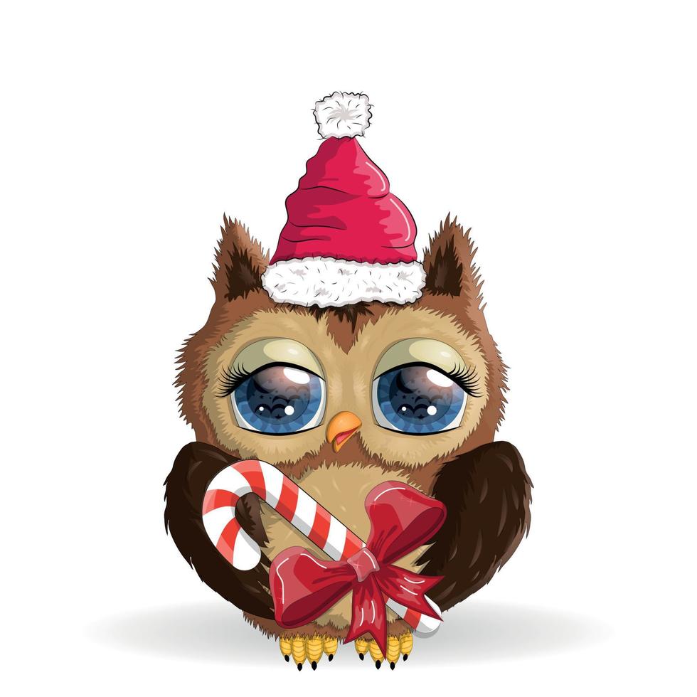 Cute Cartoon Owl in Santa hat on a white background vector