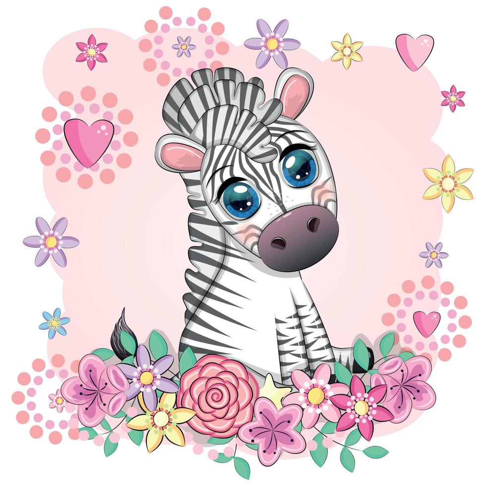 linda cebra de dibujos animados se sienta en las flores. personaje rayado infantil, animales africanos vector