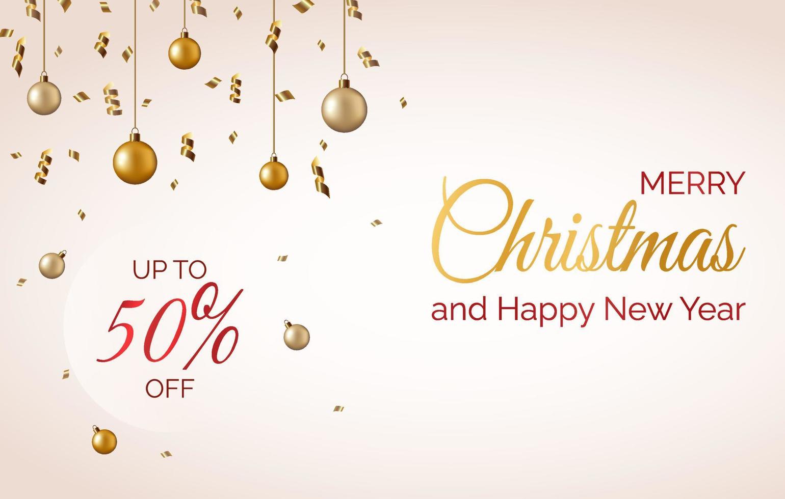 Merry Christmas and Happy New Year sale 2023. Banner template with realistic 3d gold balls. vector