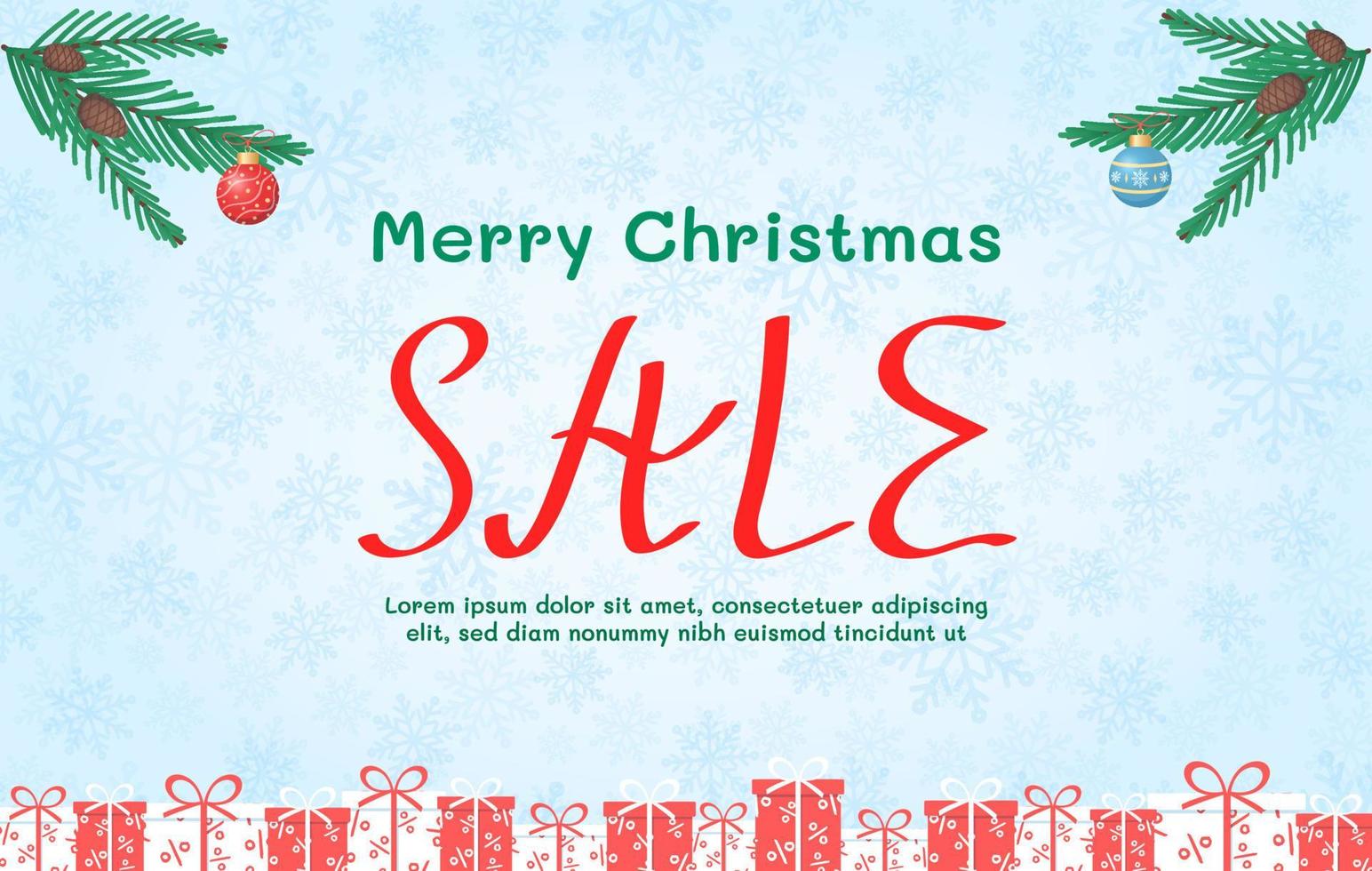 Merry Christmas sale 2023. Banner with gifts boxes, fir branches, winter background for shop. vector