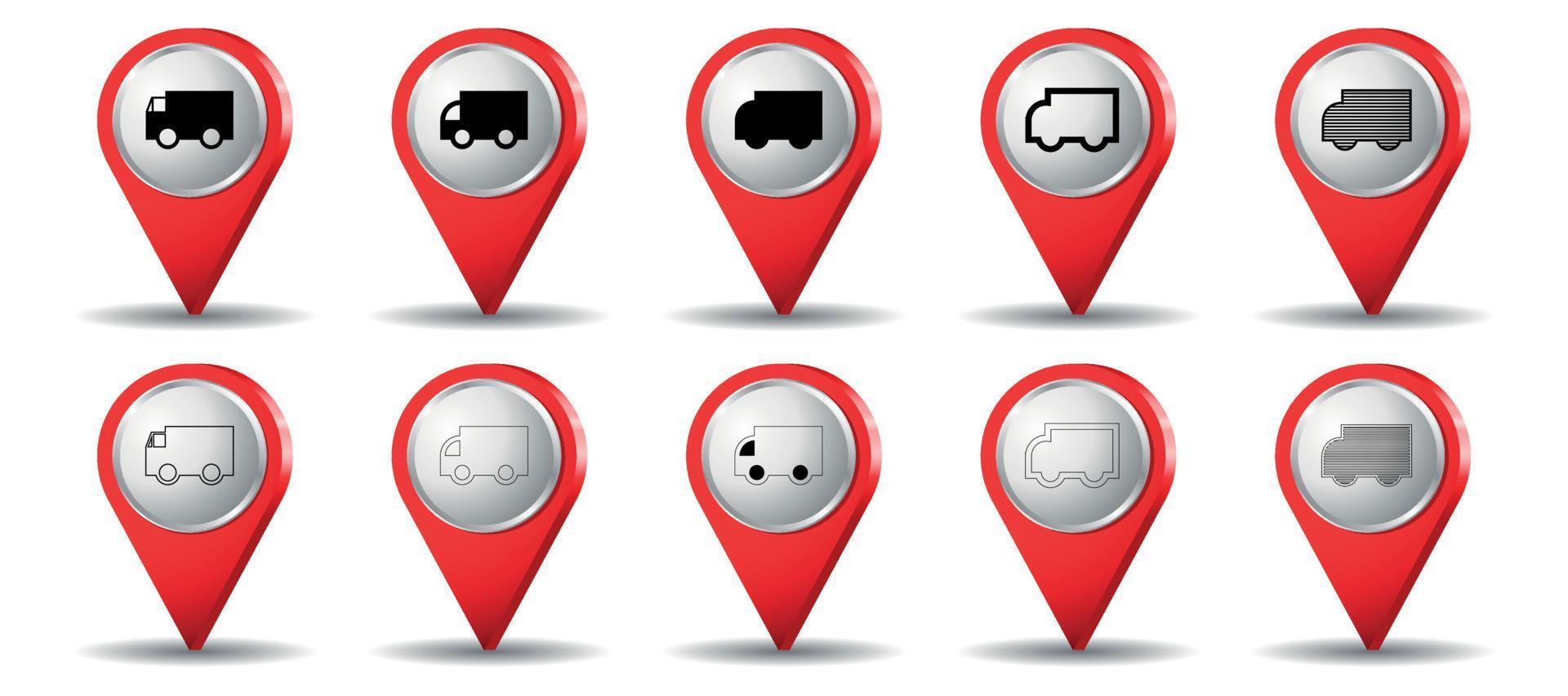 Red location pins with truck shapes vector