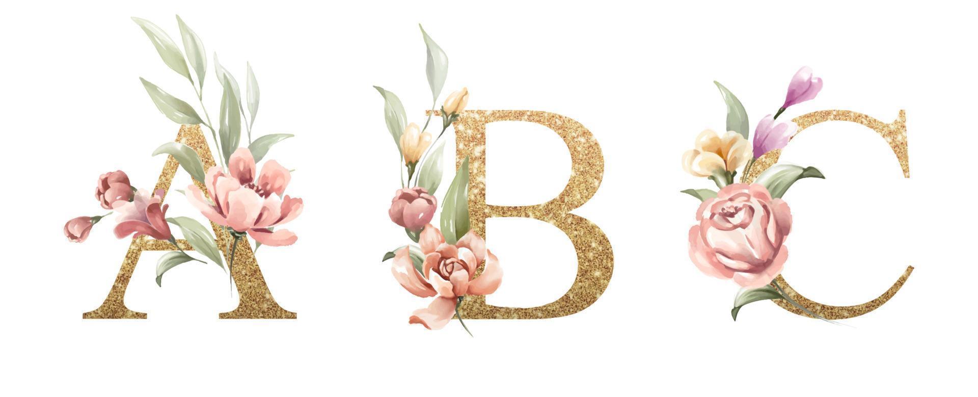 Golden alphabet set of A, B, C, with flowers and leaves watercolor vector