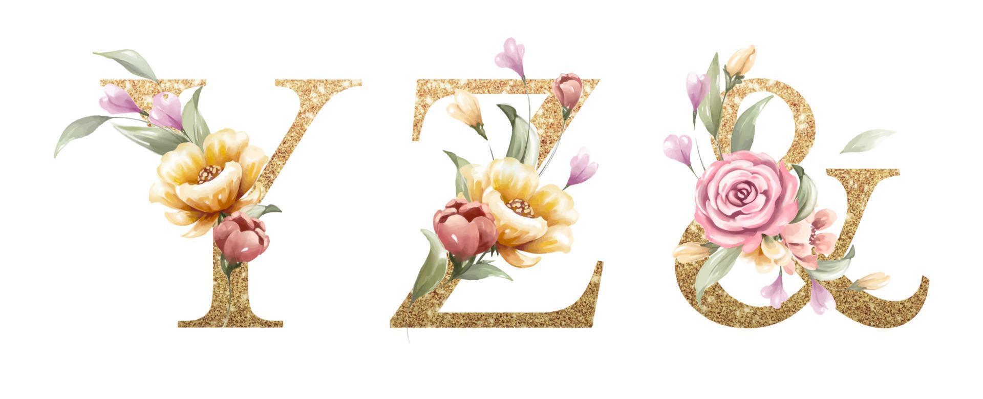 conjunto de alfabeto dorado de y, z, con flores y hojas de acuarela vector
