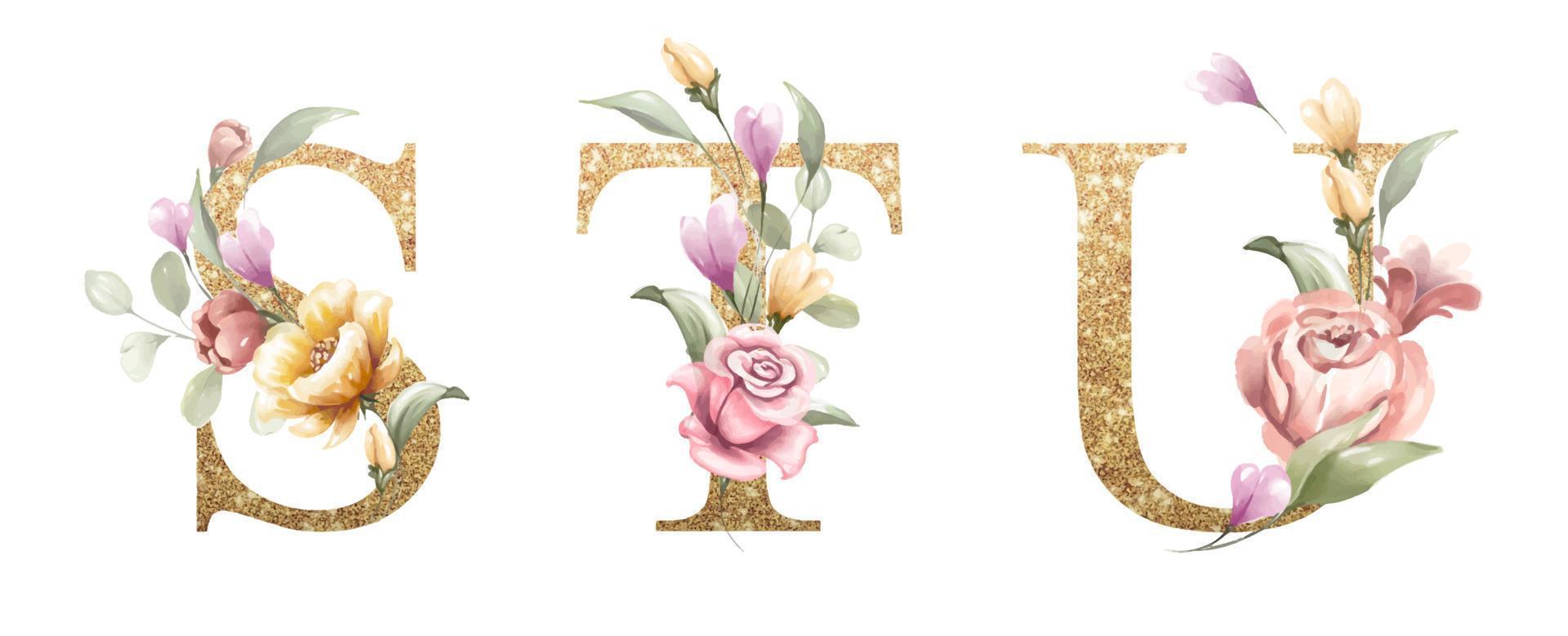 Golden alphabet set of S, T, U, with flowers and leaves watercolor vector