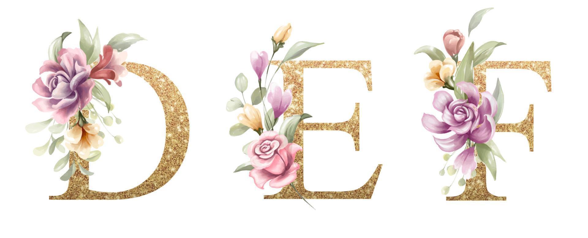 Golden alphabet set of D, E, F, with flowers and leaves watercolor vector