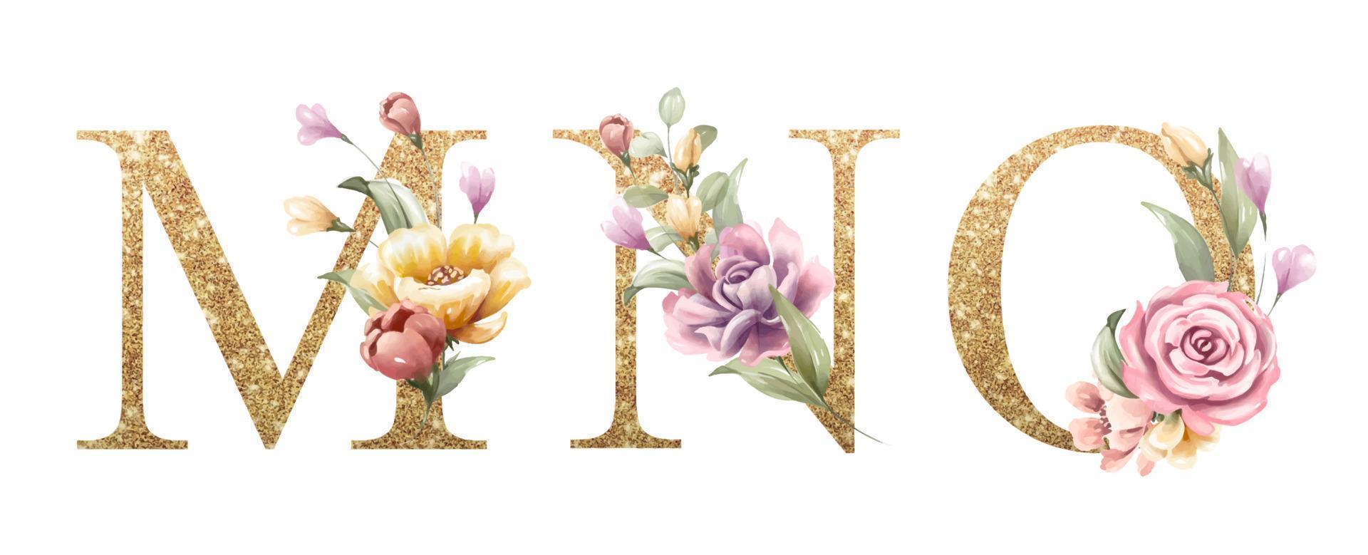 conjunto de alfabeto dorado de m, n, o, con flores y hojas de acuarela vector