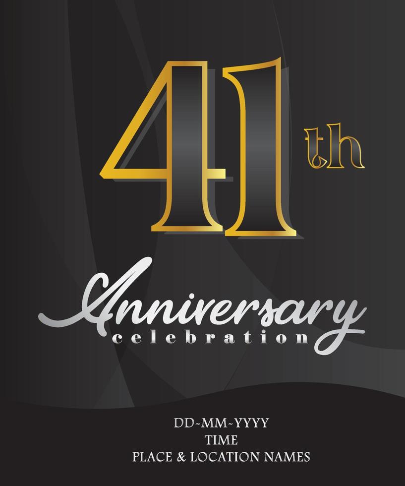 41 Anniversary Invitation and Greeting Card Design, Golden and Silver Coloured, Elegant Design, Isolated on Black Background. Vector illustration.