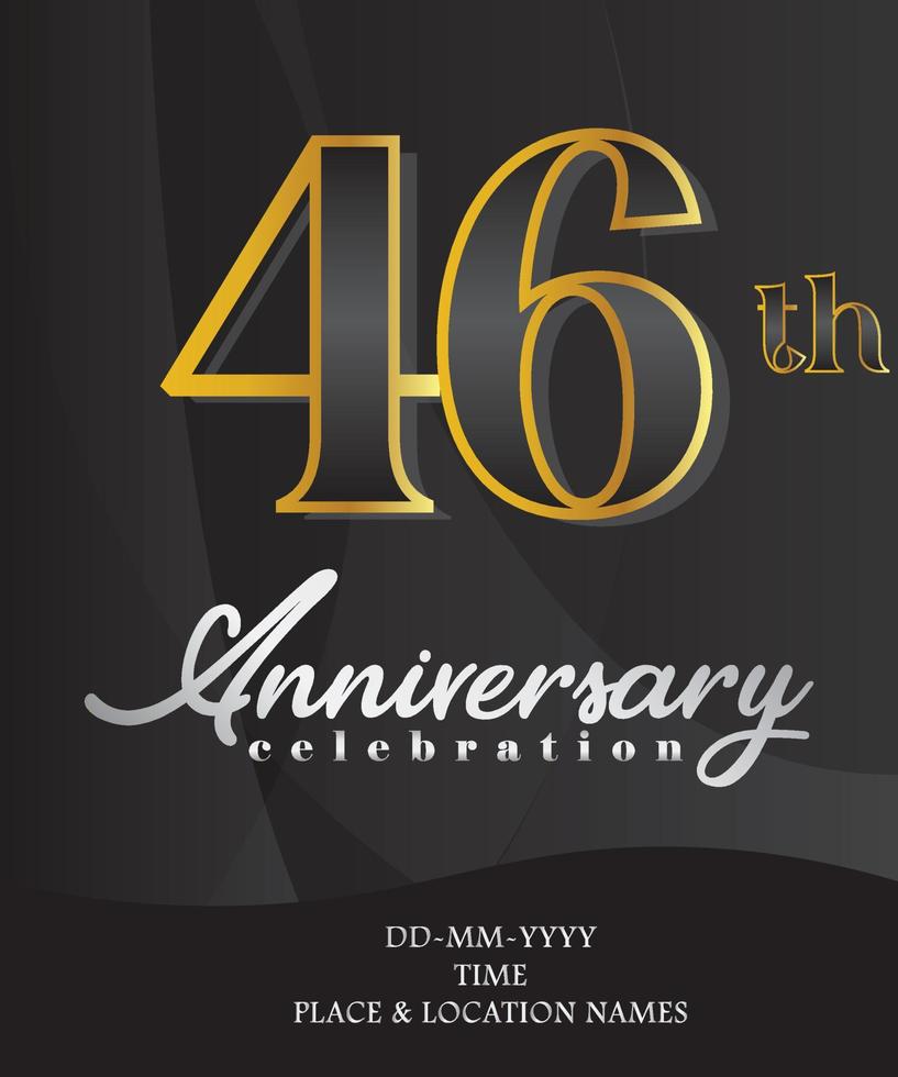 46 Anniversary Invitation and Greeting Card Design, Golden and Silver Coloured, Elegant Design, Isolated on Black Background. Vector illustration.