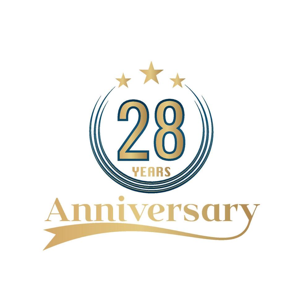 28 Year Anniversary Vector Template Design Illustration. Gold And Blue color design with ribbon