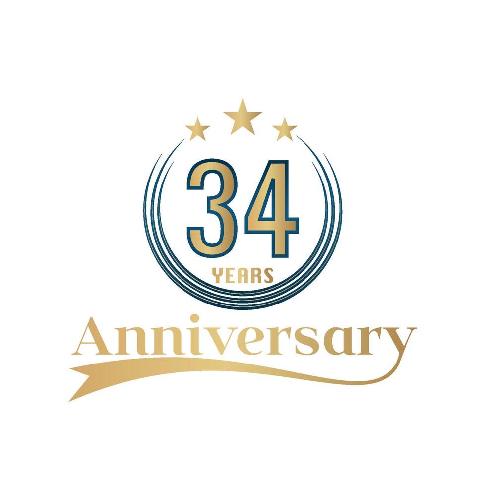 34 Year Anniversary Vector Template Design Illustration. Gold And Blue color design with ribbon