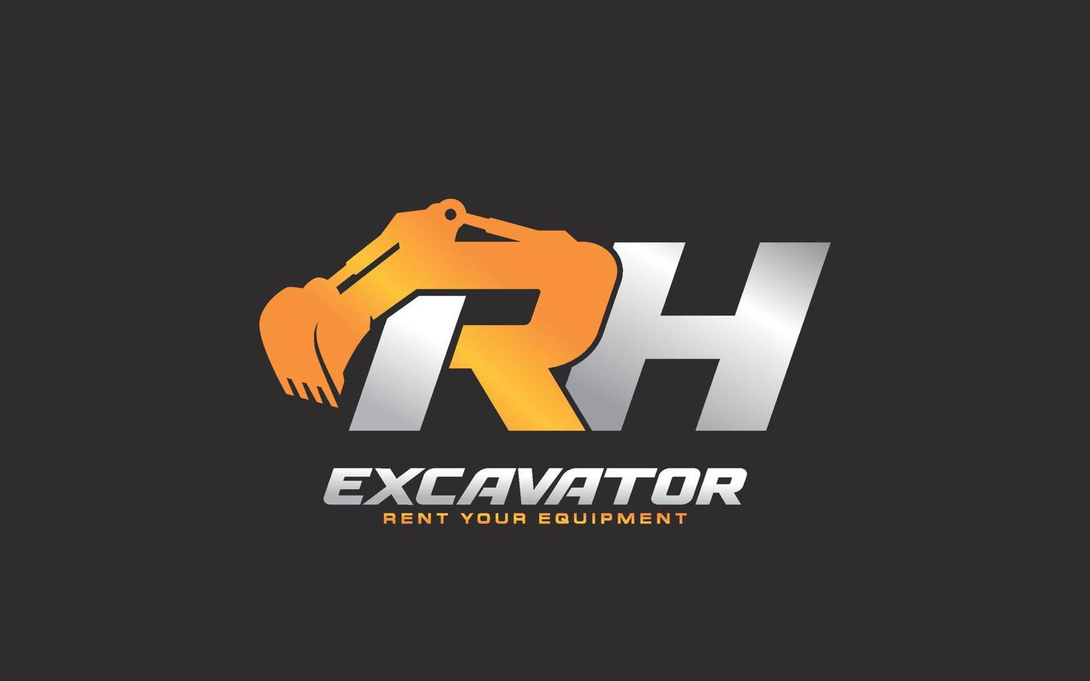RH logo excavator for construction company. Heavy equipment template vector illustration for your brand.