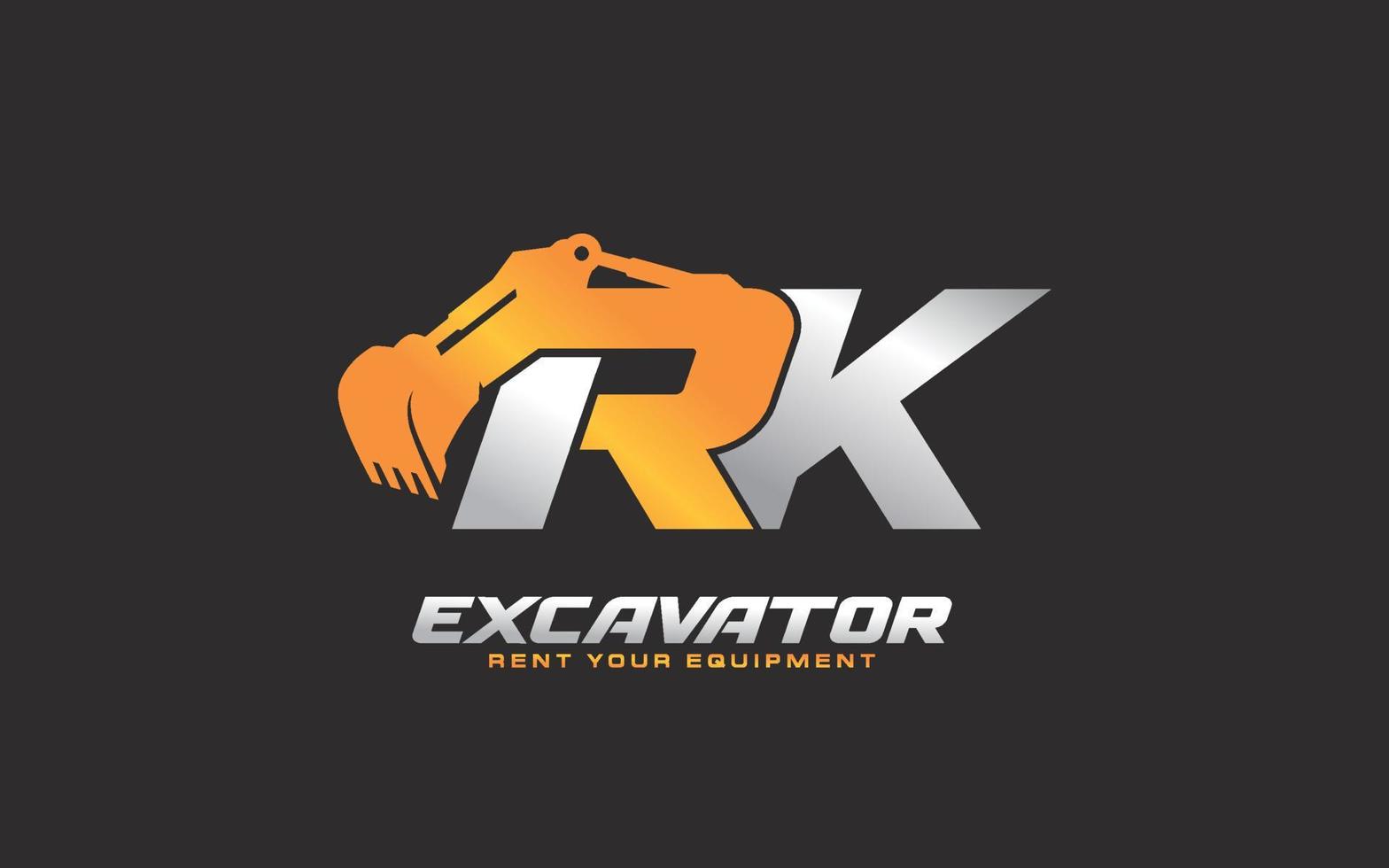 RK logo excavator for construction company. Heavy equipment template vector illustration for your brand.