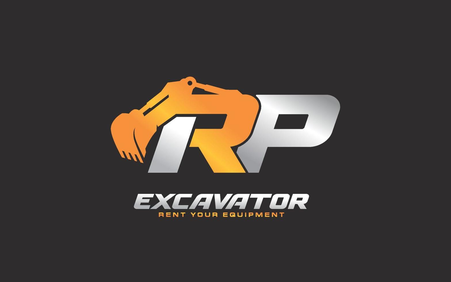 RP logo excavator for construction company. Heavy equipment template vector illustration for your brand.