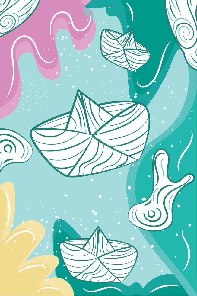 Vertical neutral colored background with paper boat sketches Vector illustration
