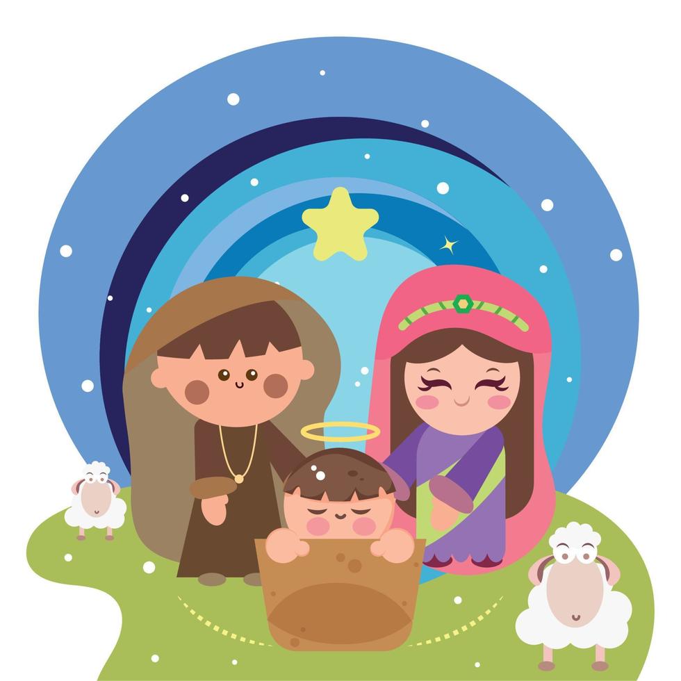 establo de colores con dibujos animados de jesús, maría y josé ilustración vectorial vector