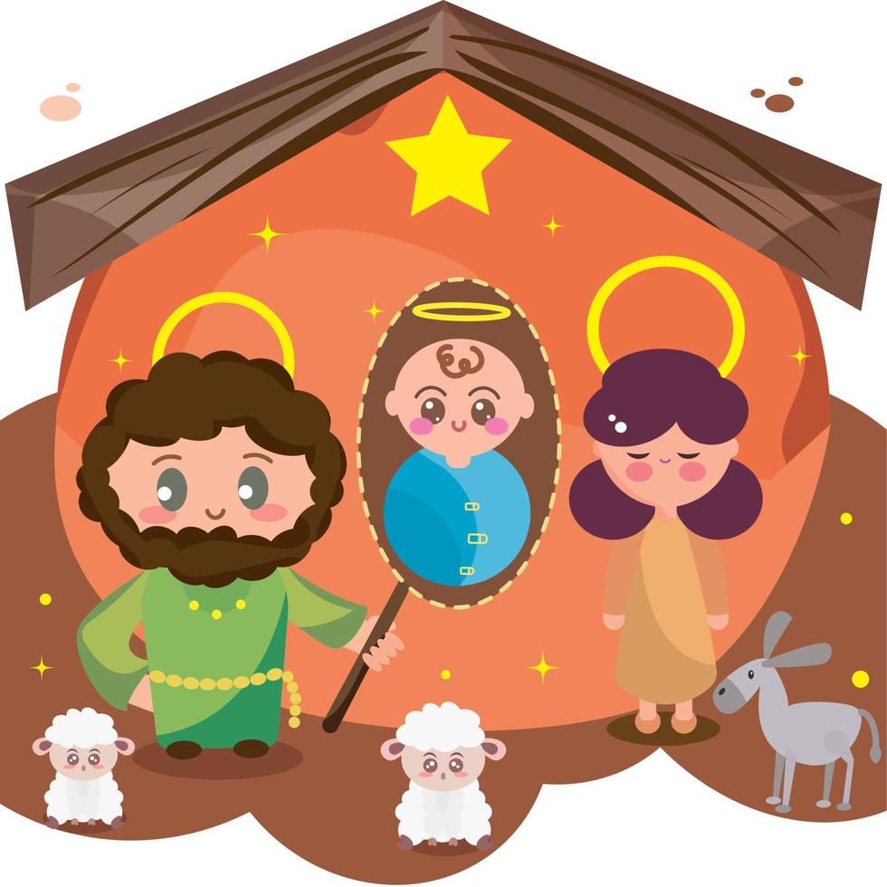 lindos dibujos animados de josé y maría en la ilustración de vector de nacimiento de jesús