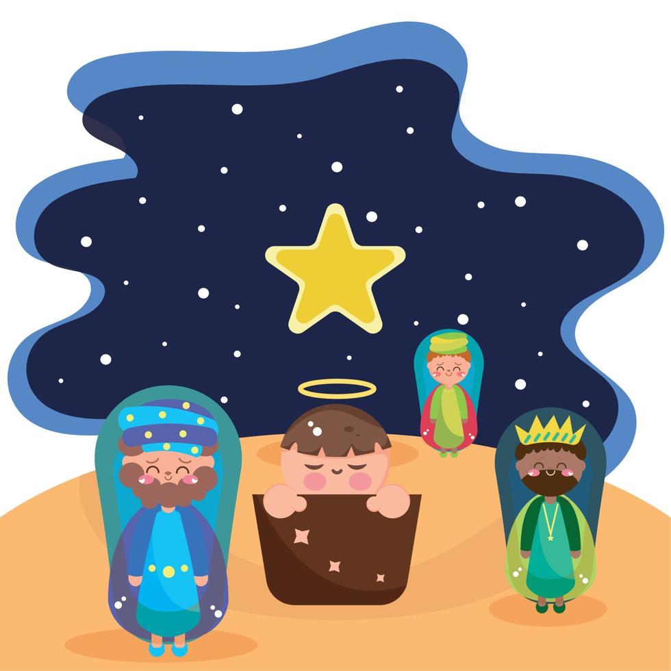 Colored cartoons of Mary, Joseph and jesus stable manger Vector illustration