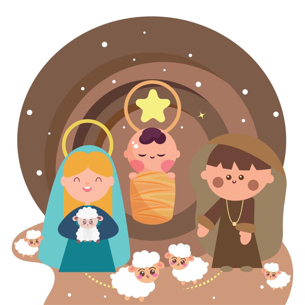 Colored joseph, mary and jesus cartoons Manger Stable Vector illustration