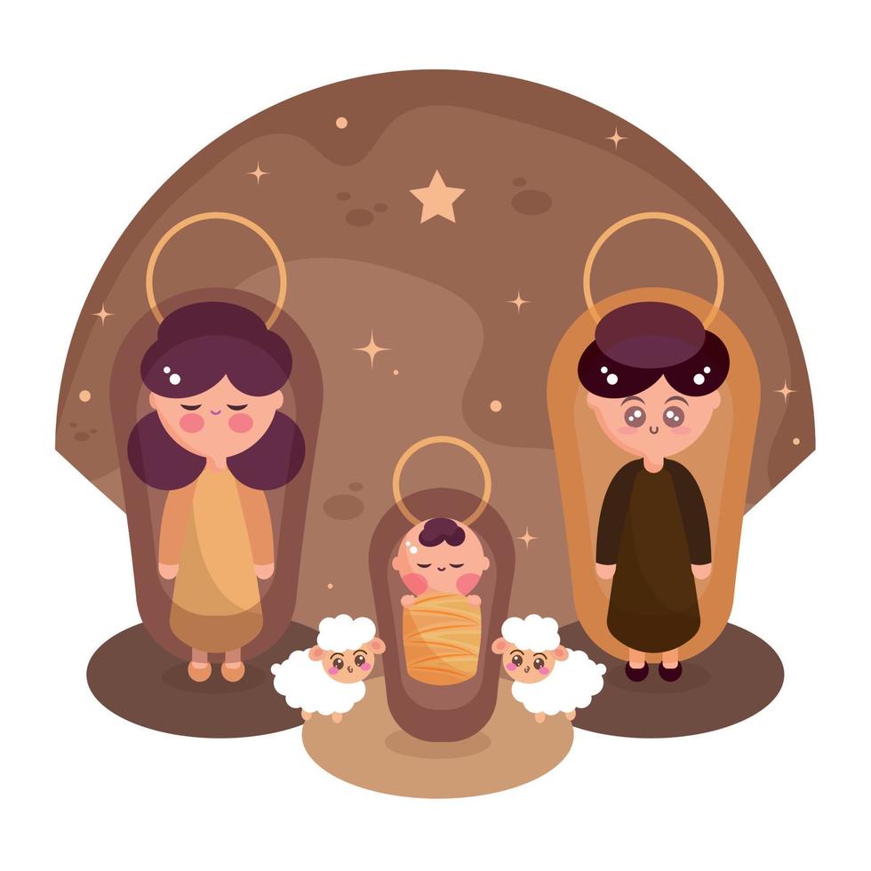 Cute cartoons of Joseph, Mary and Jesus on a stable Vector illustration