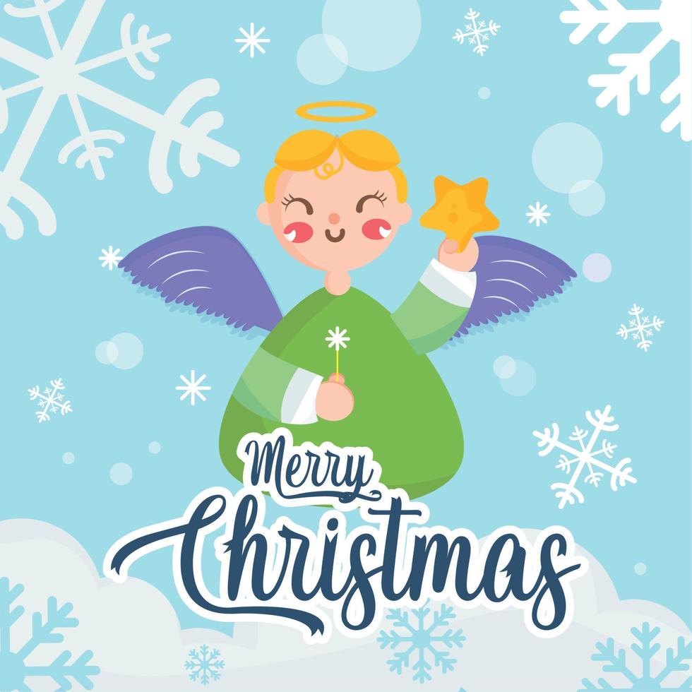 Merry christmas card happy angel holding a star Vector illustration