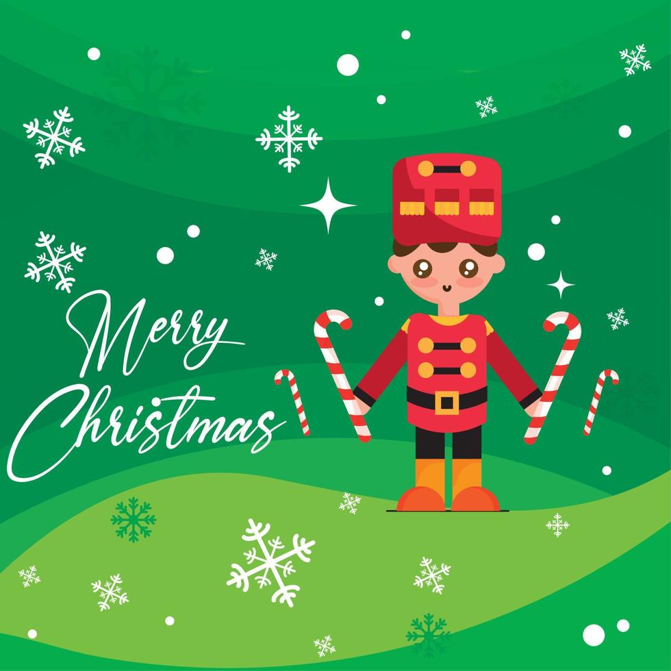 Green merry christmas card Happy wooden nutcracker cartoon Vector illustration