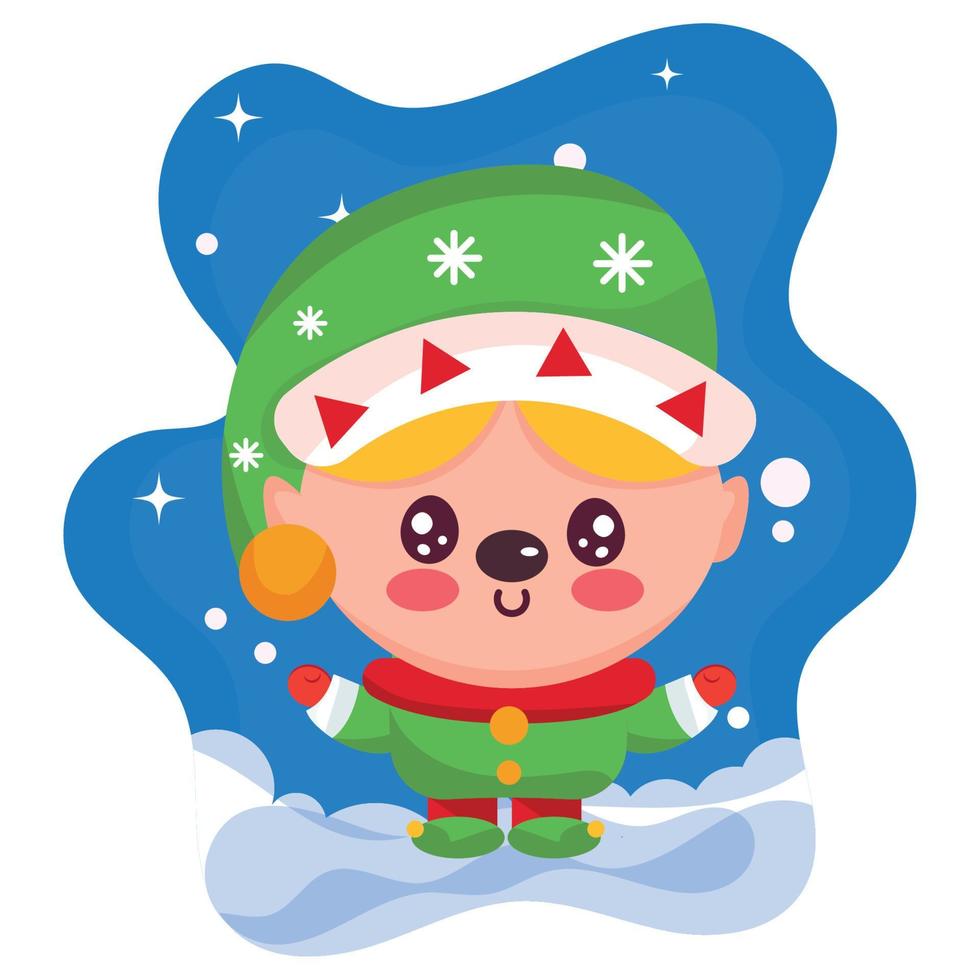 Elfo de Navidad lindo aislado en una ilustración de vector de fondo de invierno