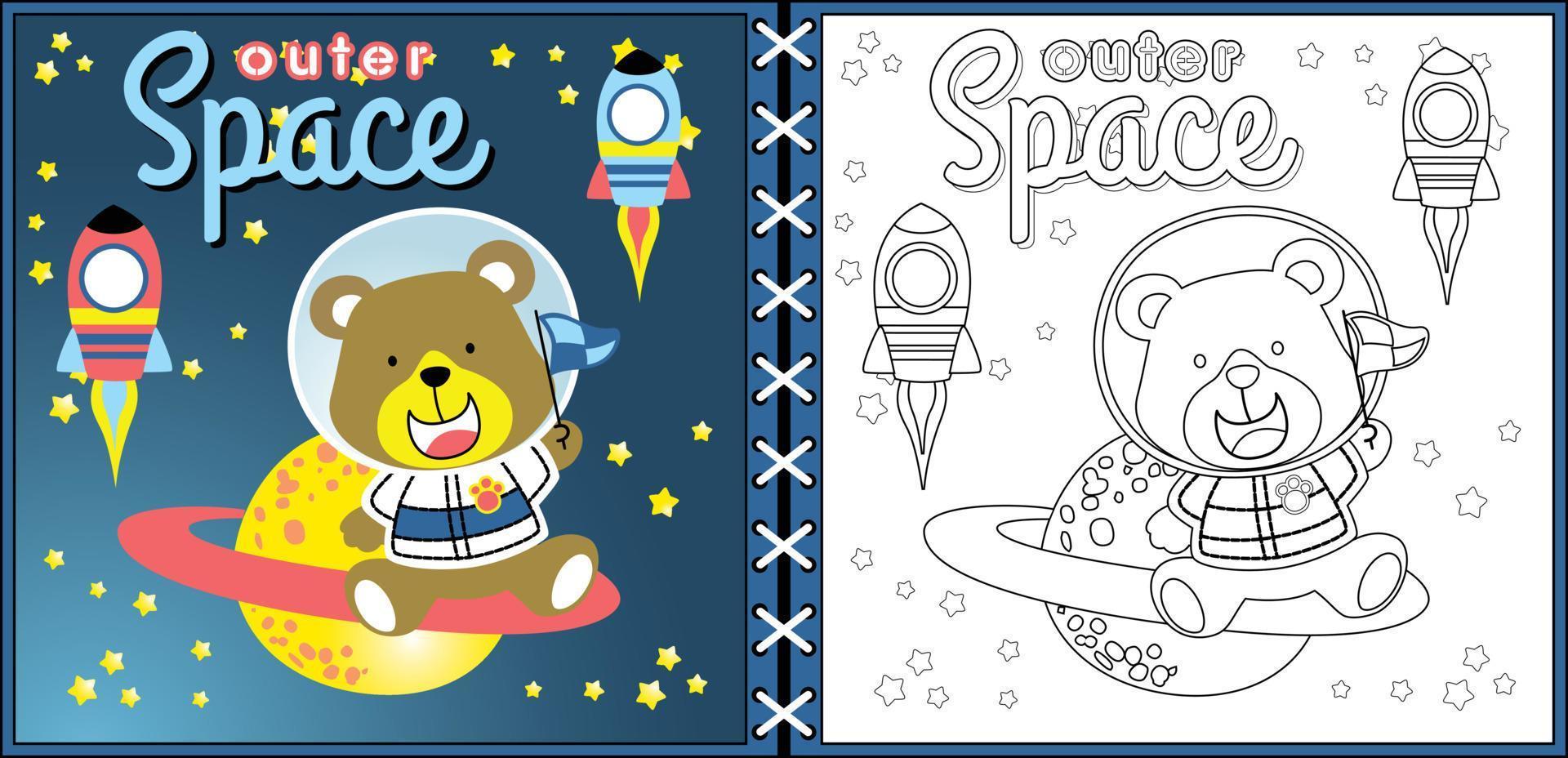 Vector cartoon of funny bear in astronaut costume sitting on Saturn planet with rocket, space element, coloring page or book