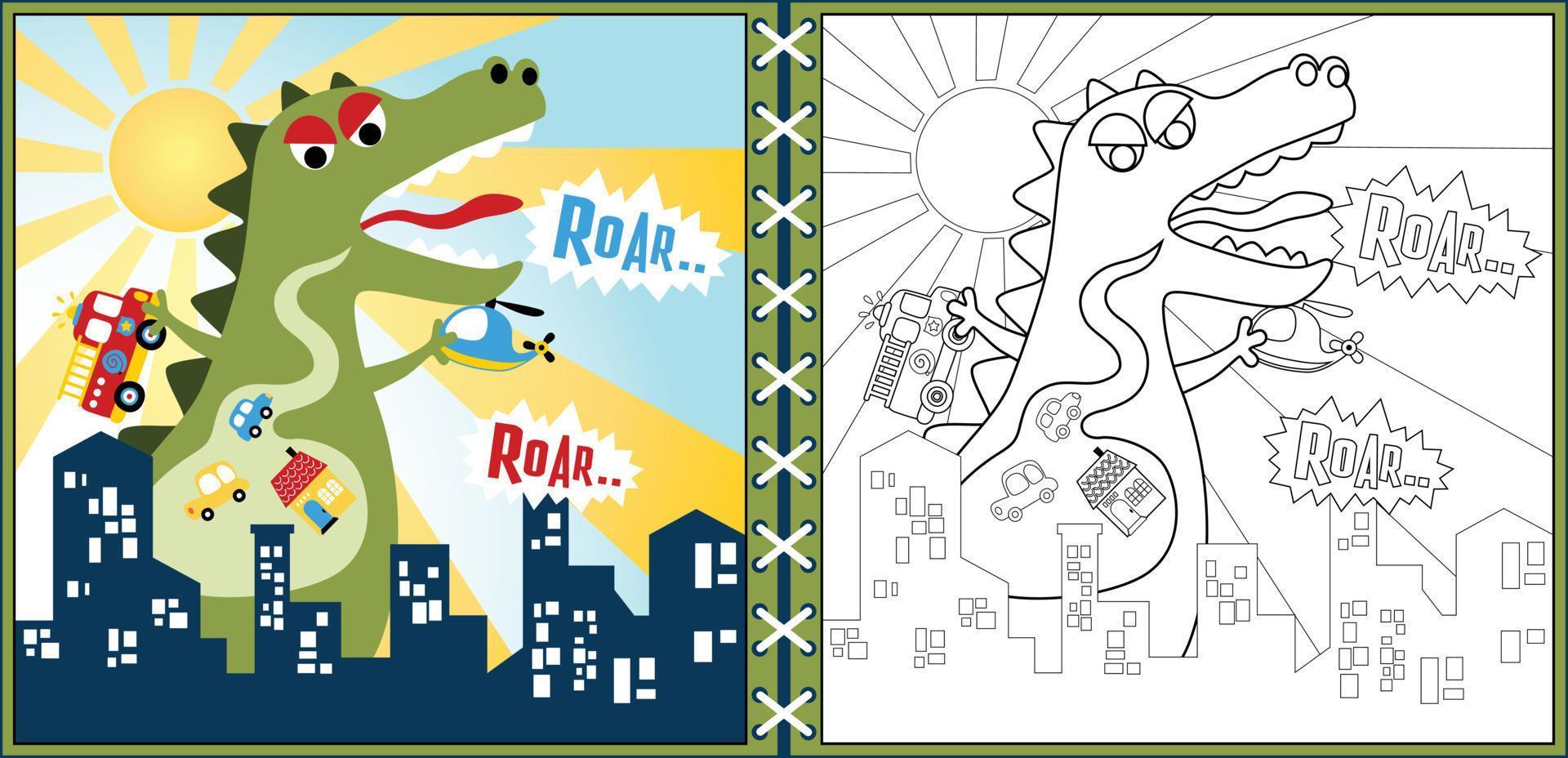 Vector cartoon of green monster attack city, coloring page or book