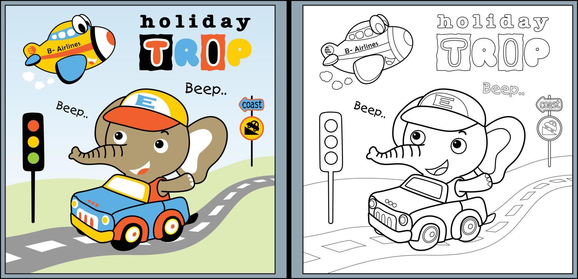 Vector cartoon of little elephant on car, transport elements illustration, coloring page or book