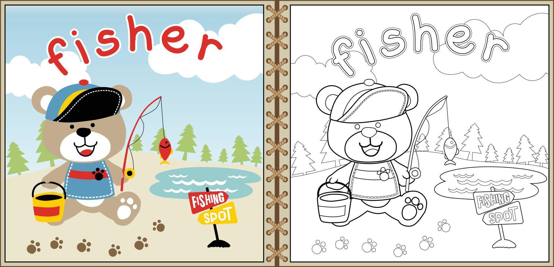 Cartoon vector of cute bear fishing, coloring page or book