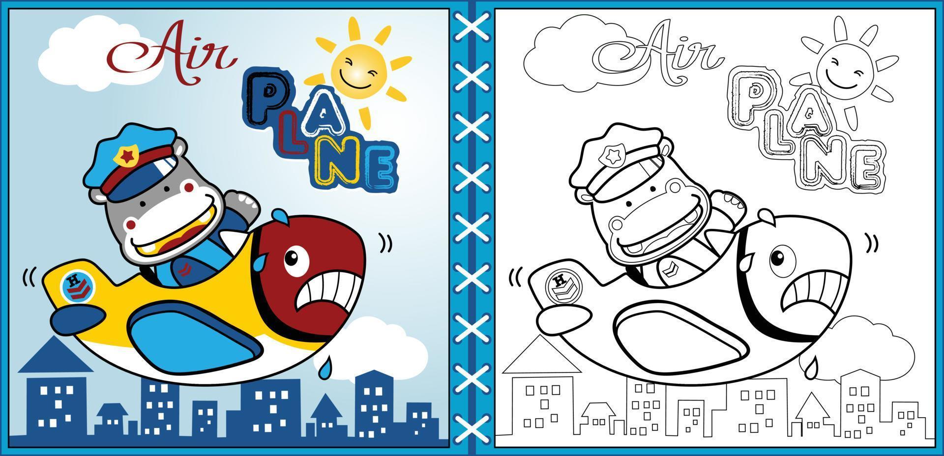 vector cartoon of funny hippo on funny airplane fly across building, coloring page or book