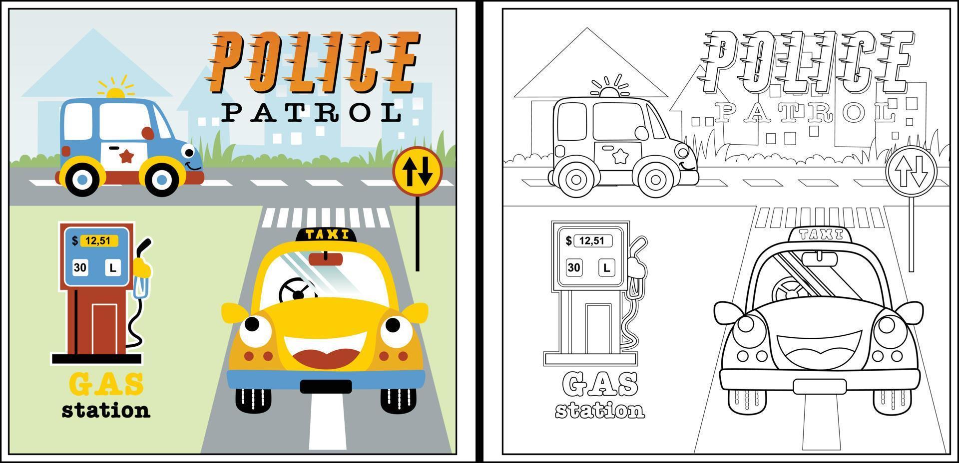 Vector illustration of traffic elements with funny vehicles on buildings background, coloring page or book