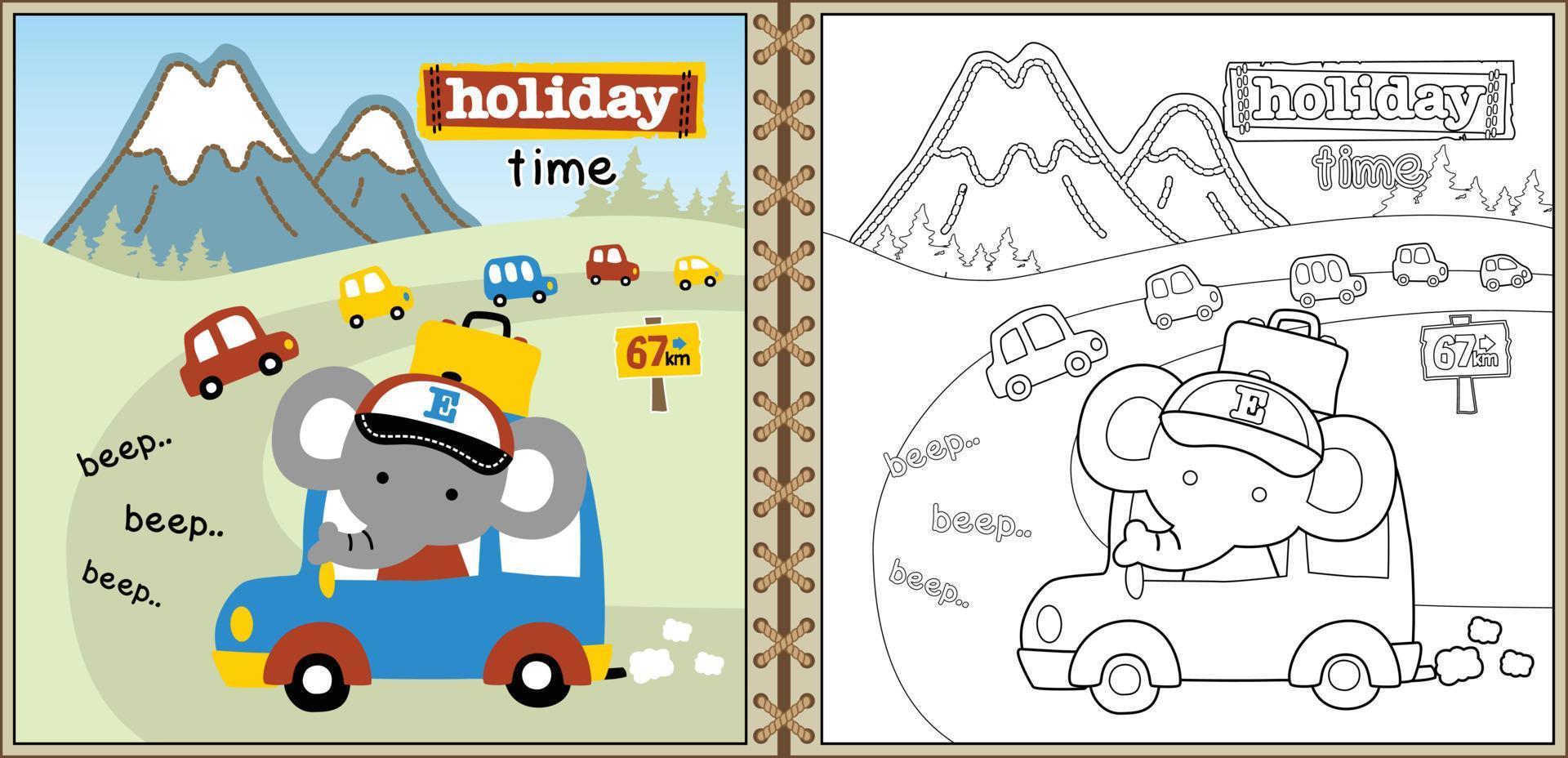 Cartoon vector of elephant on car, vehicles on mountain background, coloring page or book