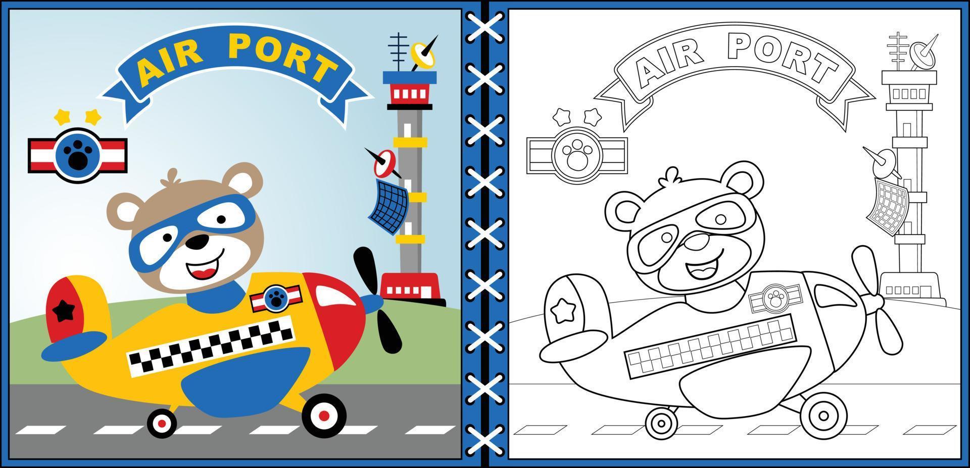 Vector cartoon of little bear on airplane in airport, coloring page or book