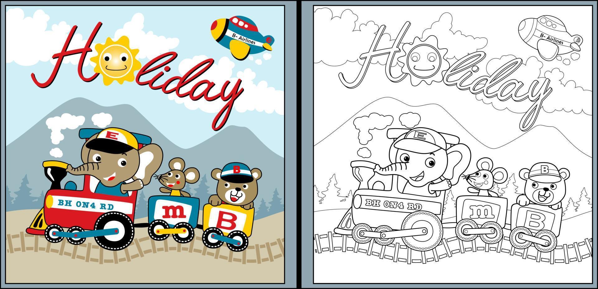 Vector cartoon of funny animals on steam train, coloring page or book