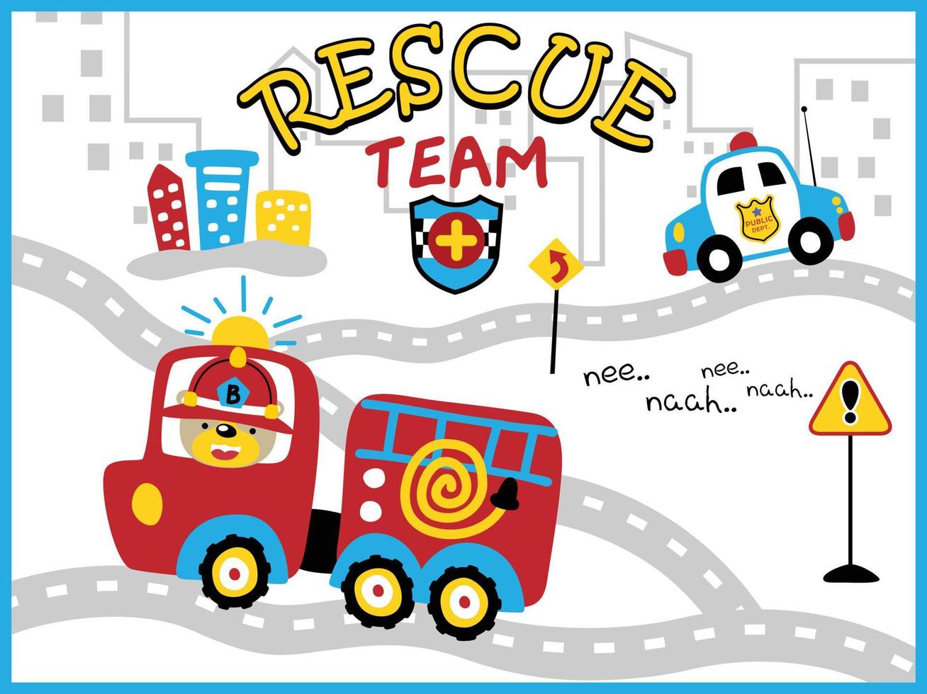 Vector of rescue vehicle cartoon with funny bear driving fire truck, city traffic elements cartoon