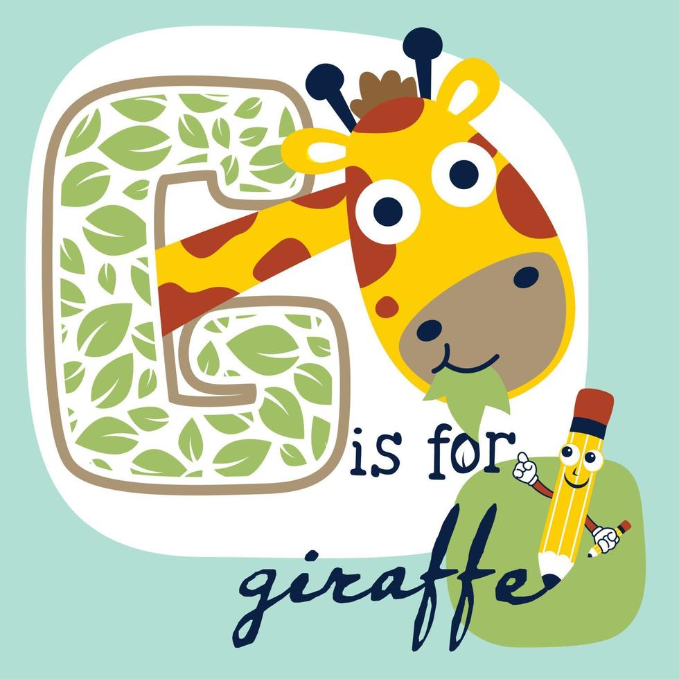vector de dibujos animados de jirafa linda con lápiz divertido, aprende a leer el nombre de los animales