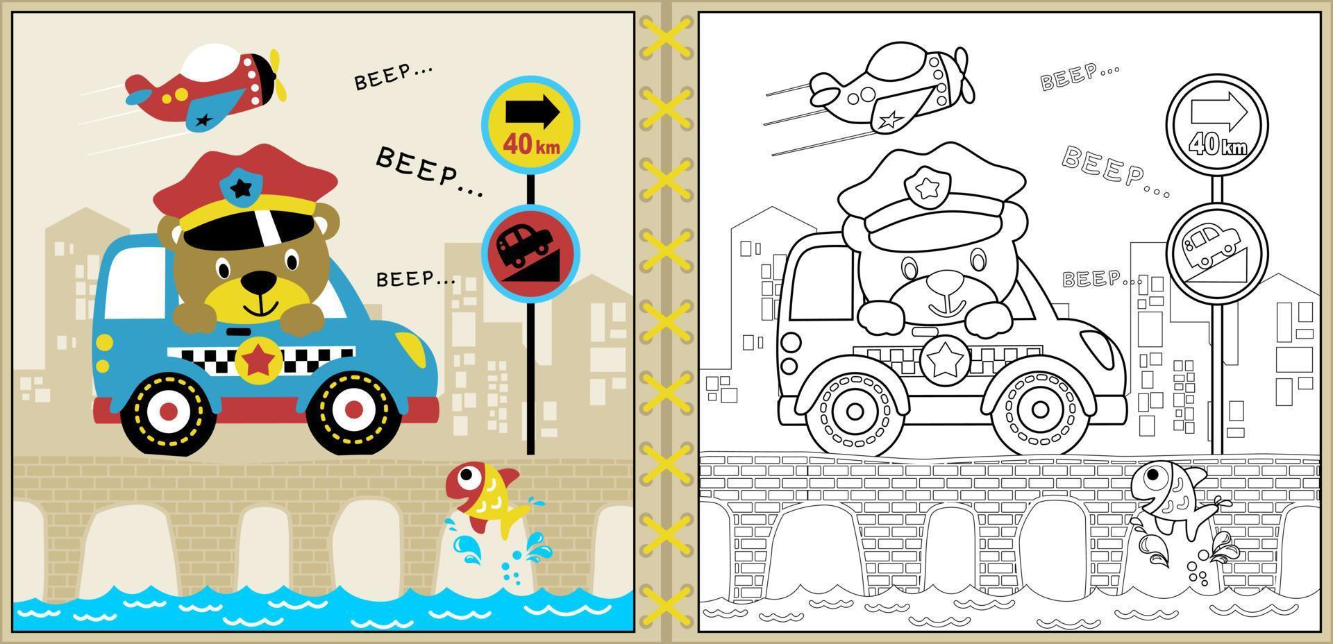 Vector cartoon of cute bear drive police car on bridge with a fish, transport elements, coloring page or book