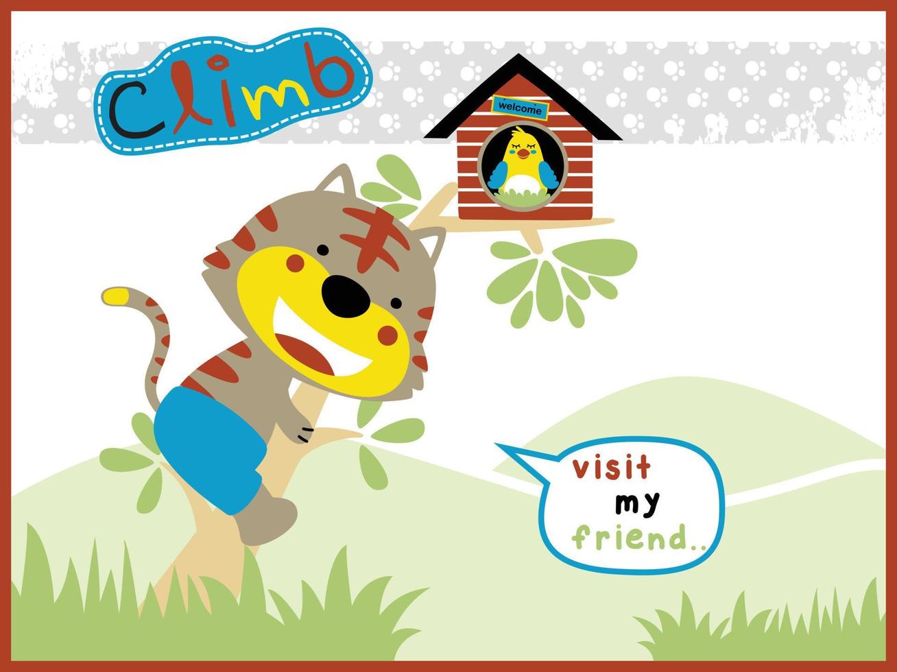 Funny cat cartoon vector climb a tree to visit his friend on tree, a hen laying eggs on tree