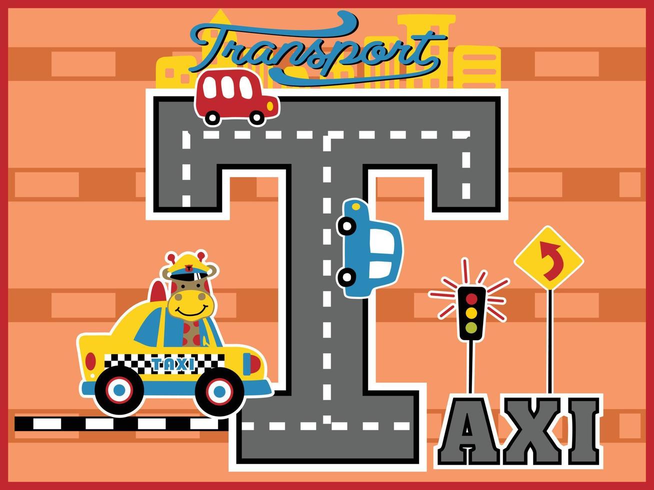 Transportations cartoon vector with cute giraffe on yellow taxi, traffic elements illustration on big TAXI text