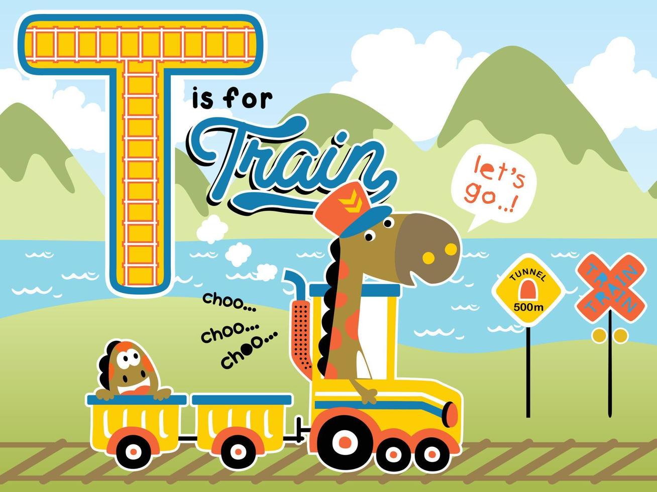 Vector cartoon of dinosaurs on steam train, railway elements on landscape background