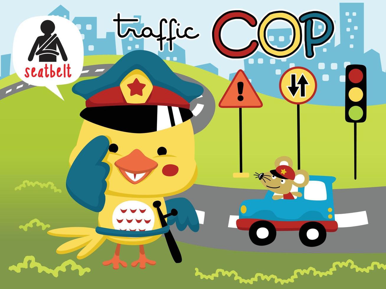 Vector cartoon of cute bird in traffic cop accessories, mouse driving car, city traffic elements illustration