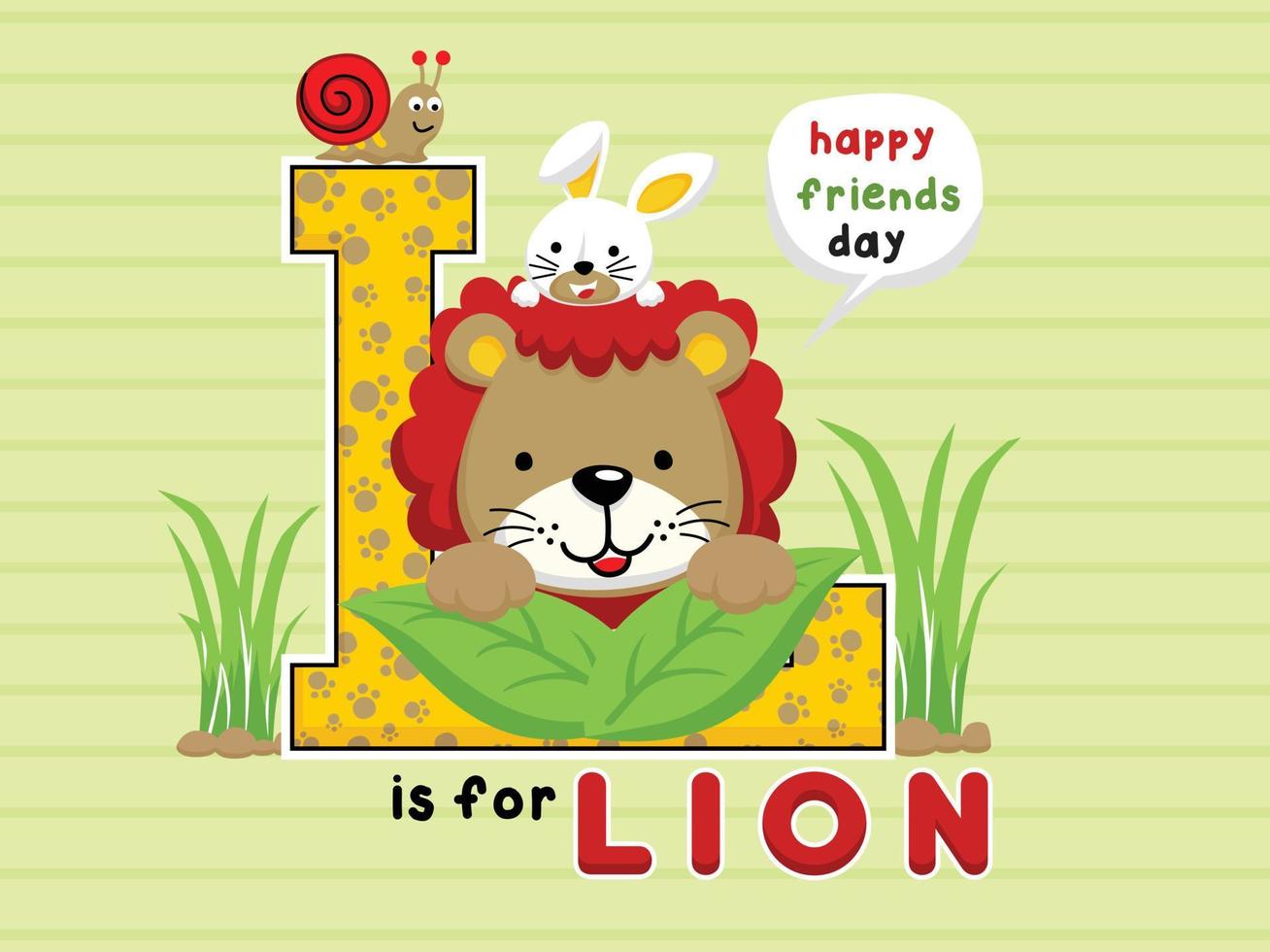 Vector cartoon of cute lion, bunny and snail with big L letter on striped background