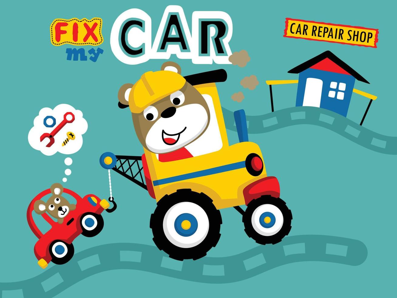 Cartoon vector of cute bear driving tow truck pulling breakdown car with a mouse