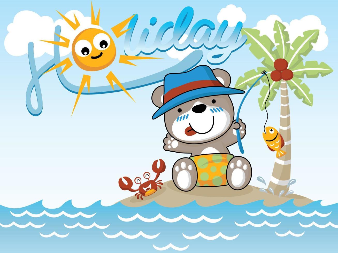 Vector cartoon illustration of cute bear with crab fishing in the beach at summer holiday