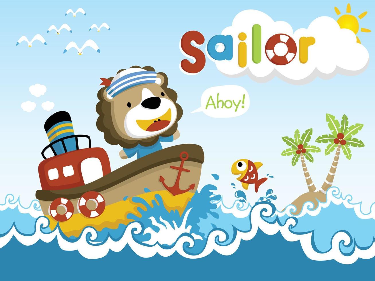 Cartoon vector of cute lion on ship, little island in the sea, funny fish jumping