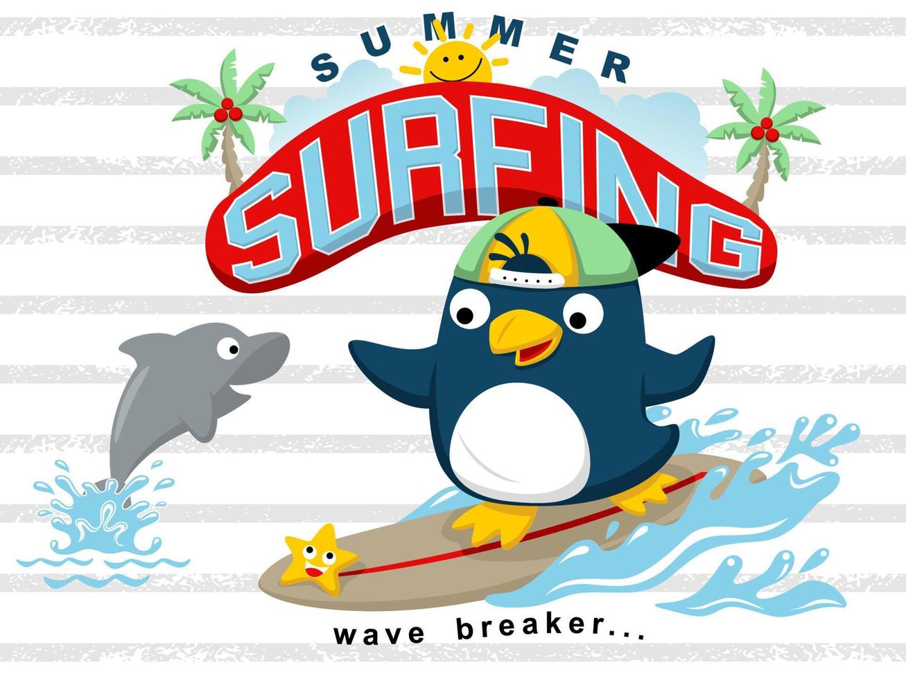 Vector cartoon of cute penguin surfing with dolphin and starfish, summer beach elements