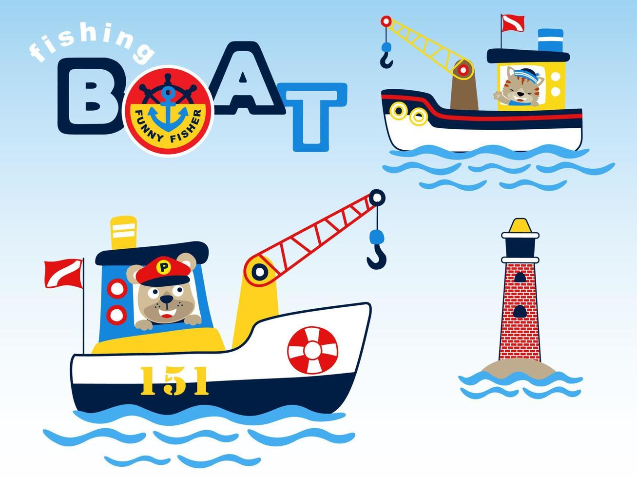 Cartoon vector of funny animals sailor on boat with crane, sailing element illustration